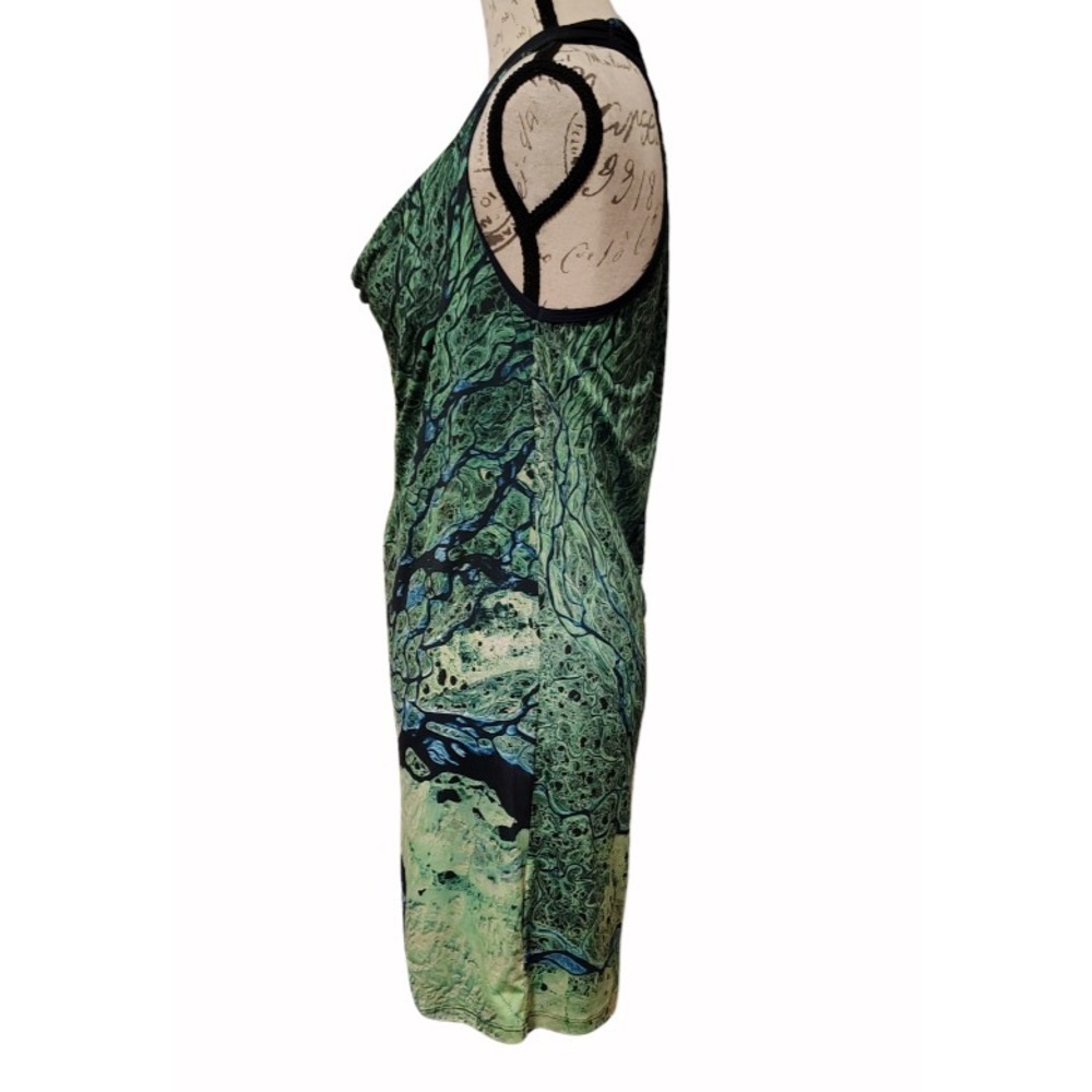 Blue Green Shift Mini Slip Dress M Earth Image Cowl Neck Nature Festival - Picture 2 of 6